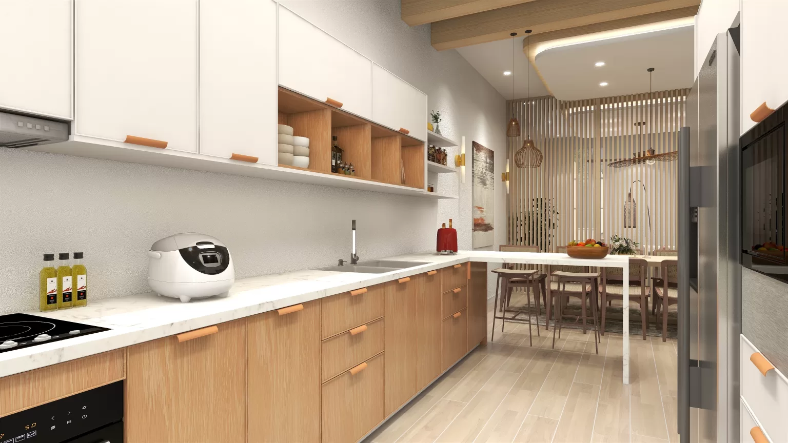 Wet kitchen with induction hob, sink, and quartz countertop.