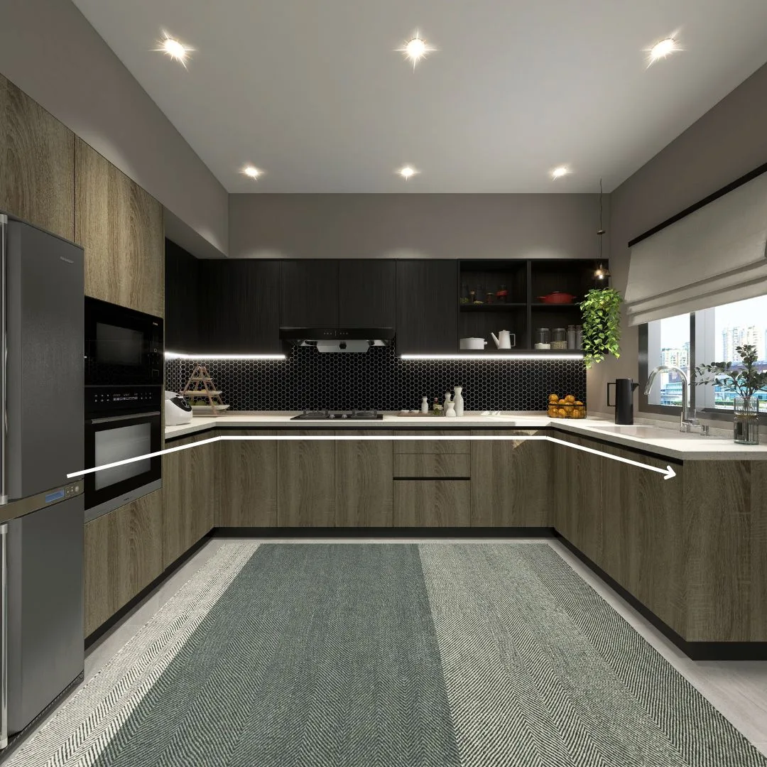 U-shaped modular kitchen with cabinets on three walls.
