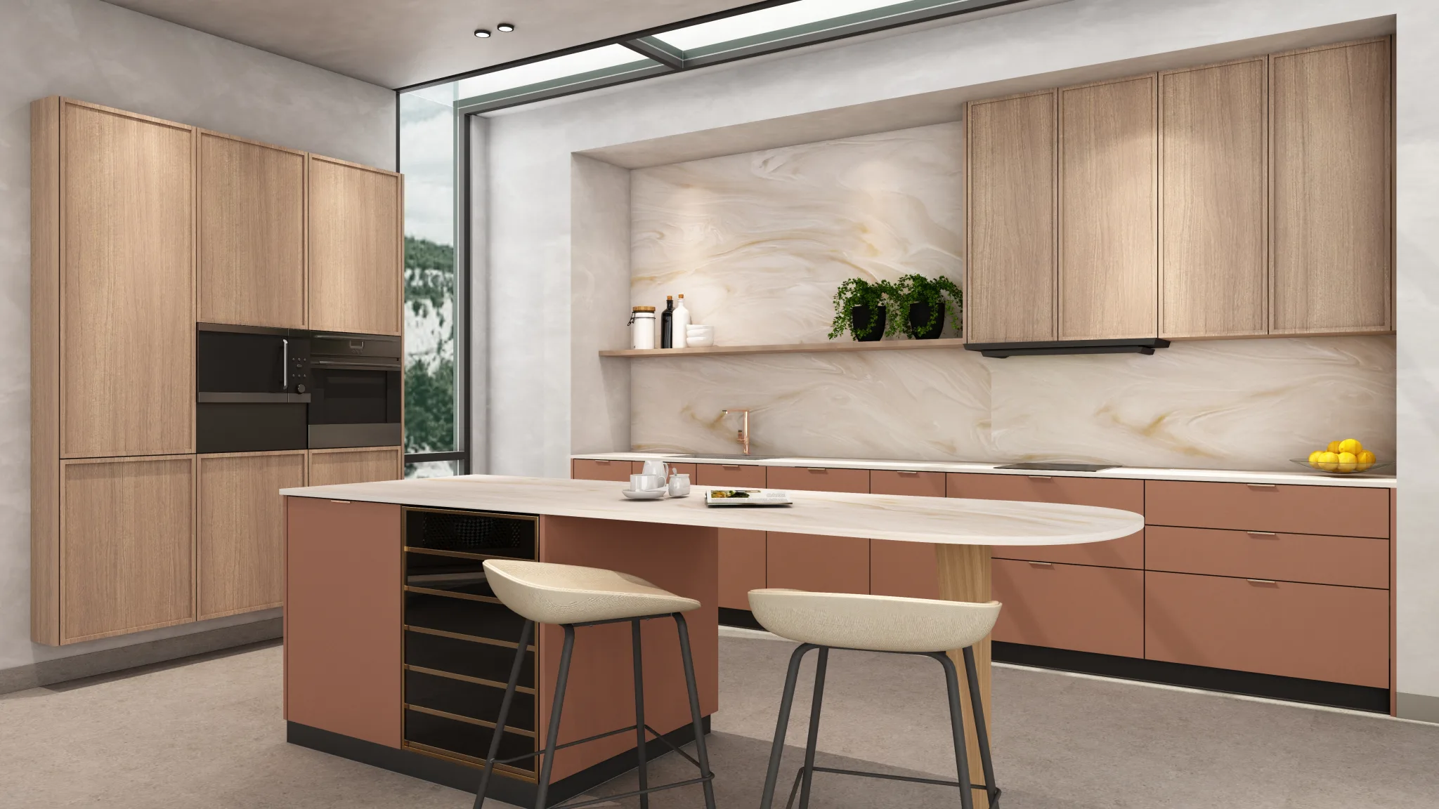 Open-plan modular kitchen with island, tall pantry units, and built-in oven.