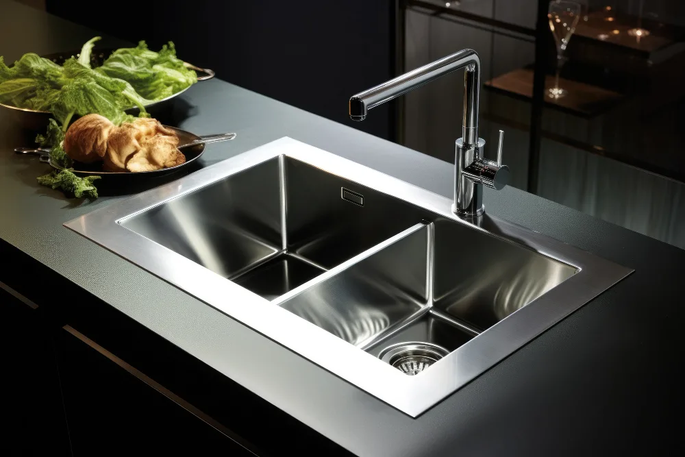 Stainless steel top mount sink with a visible rim resting on a black kitchen countertop.