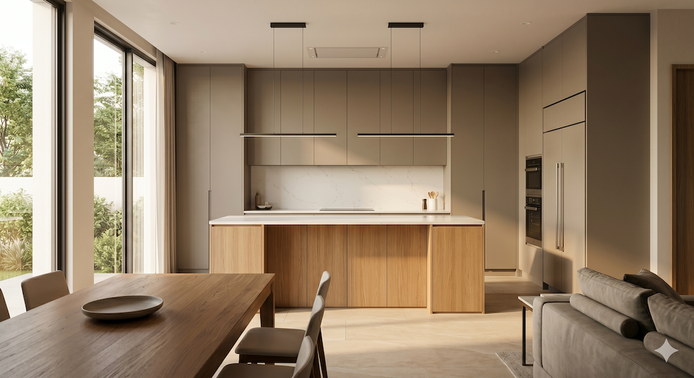 European-inspired kitchen layout with full-height feature wall and island.