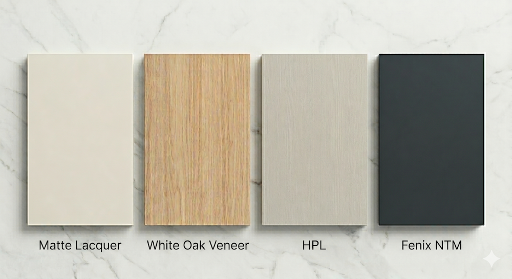 Cabinet finishes including matte lacquer, oak veneer, HPL and ultra-matte.