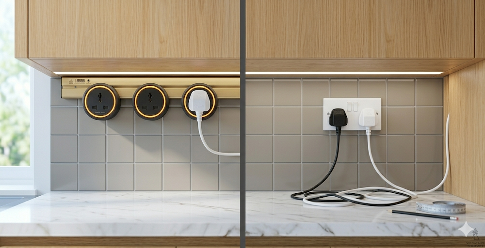 Power track with modular adapters compared to a standard wall socket with trailing cables.