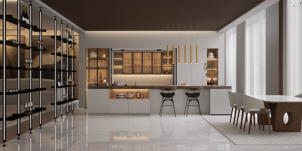 Lit glass display cabinets, under-cabinet strips, and pendant lights in an open-plan dry kitchen.