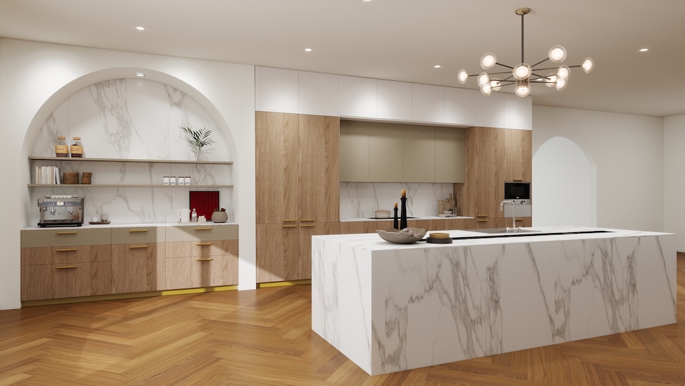 Malaysian kitchen with marble-look quartz island and marble wall panel.
