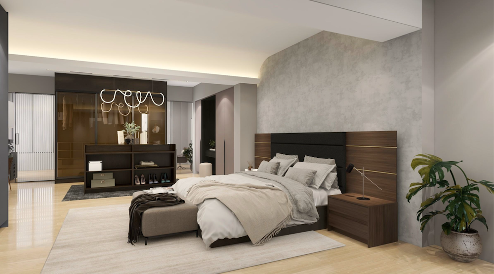Spacious master bedroom with walk-in wardrobe and open storage in a landed home.