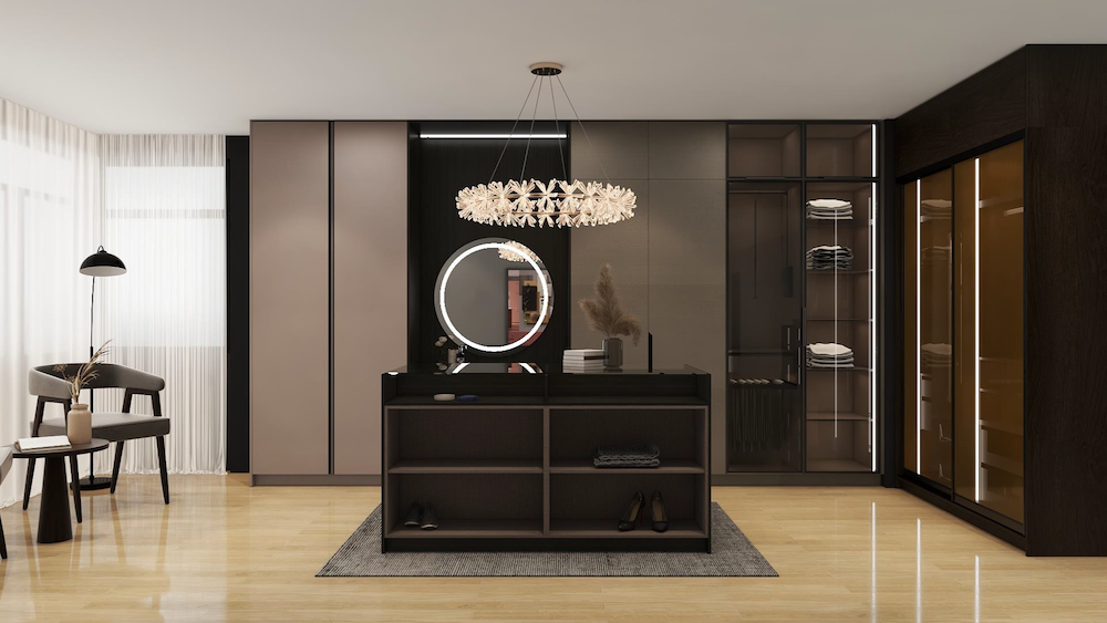 Walk-in wardrobe with island unit and glass panels