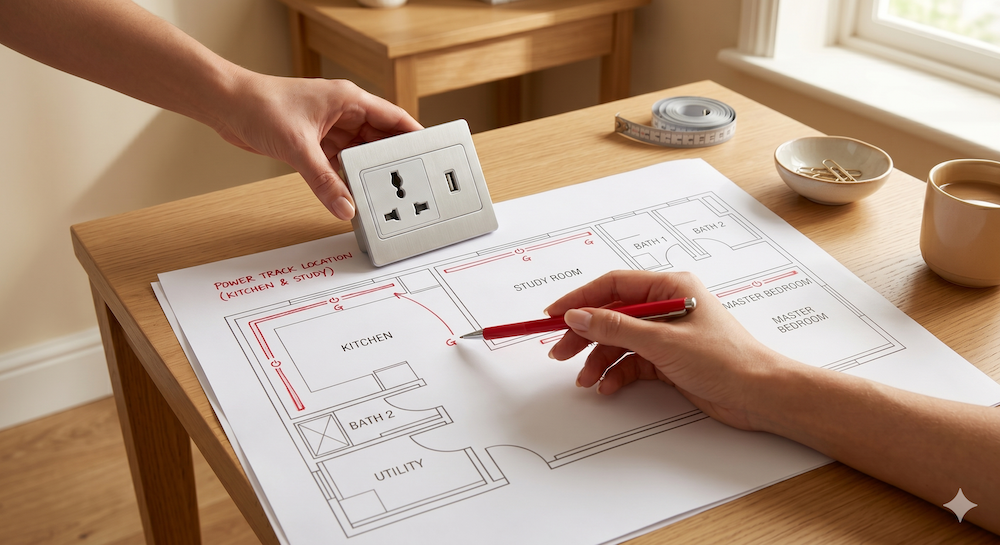 Power track adapter and floor plan being reviewed before installation.
