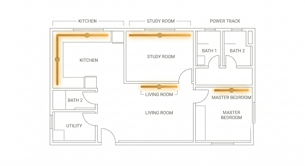 Floor plan showing power track installation zones in kitchen, study, living room, and master bedroom.