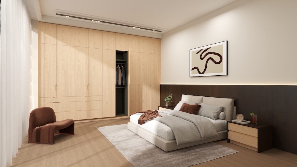 Full-height oak built-in wardrobe spanning bedroom wall.