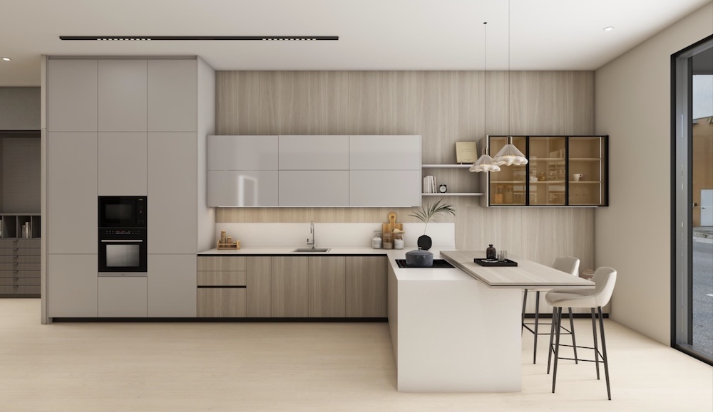 Malaysian dry kitchen showing cooking, sink, and island zones.