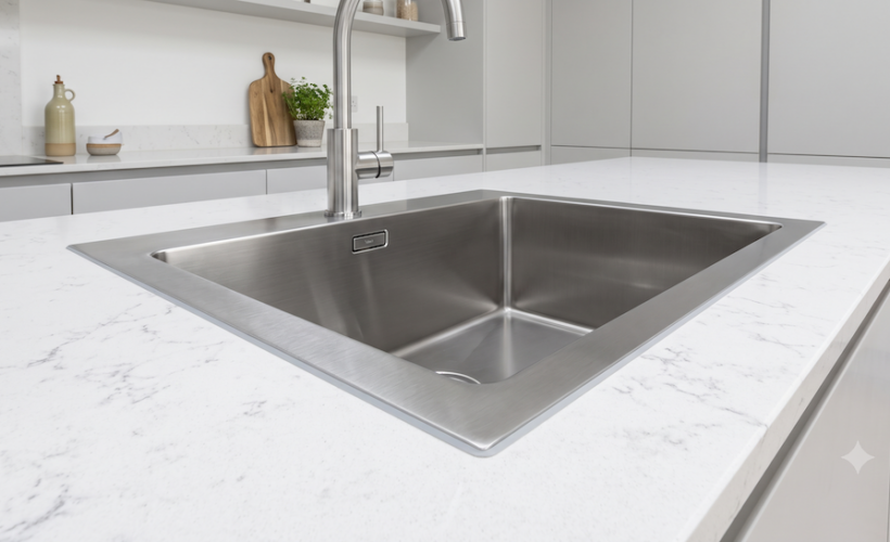 Flush mount stainless steel sink sitting level with a white quartz countertop.