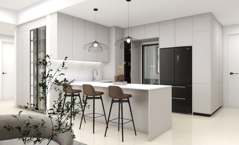 Modern Malaysian dry kitchen with marble-look quartz splashback and white island countertop.