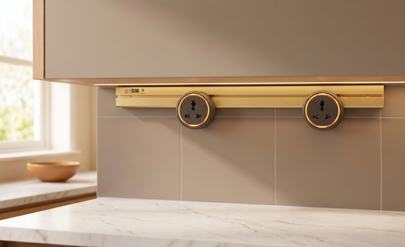 Power track rail with round modular adapters mounted under a kitchen cabinet.
