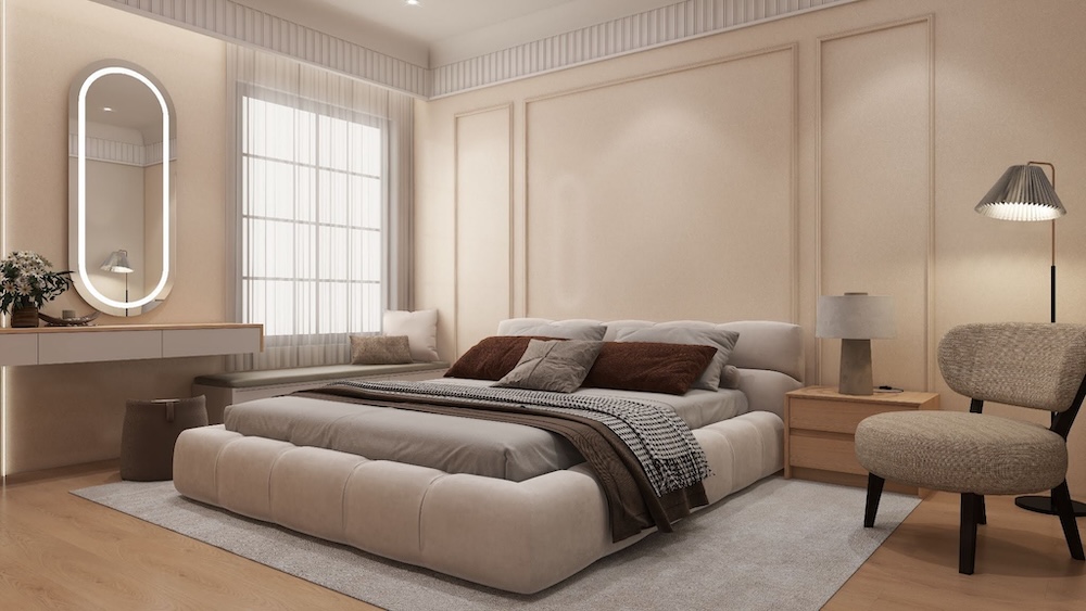 Bedroom with full-height wainscoting framing the headboard wall.