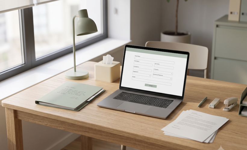 A desk with registration documents and a laptop showing an online application form.