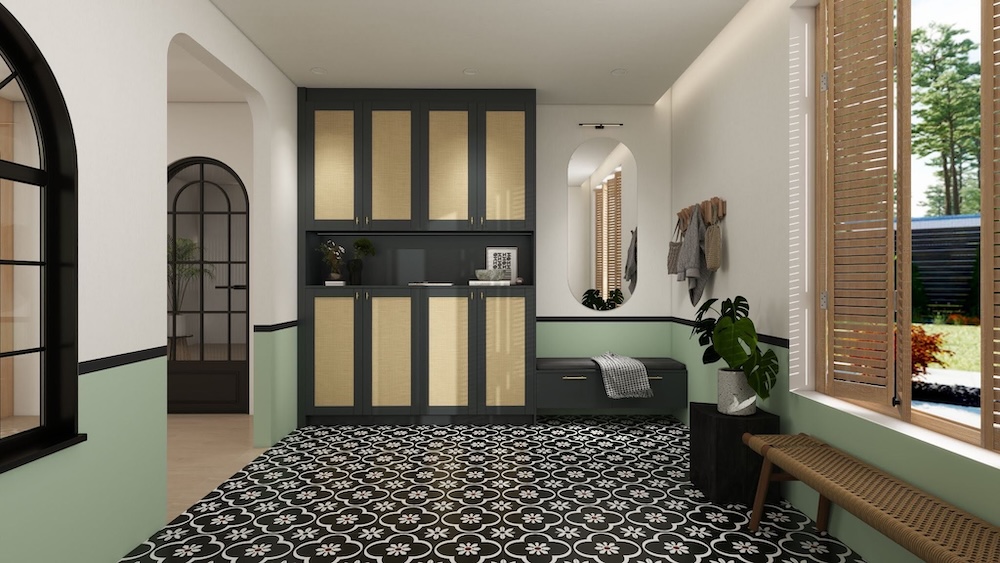  Entrance bench with storage drawer below and wall hooks above.
