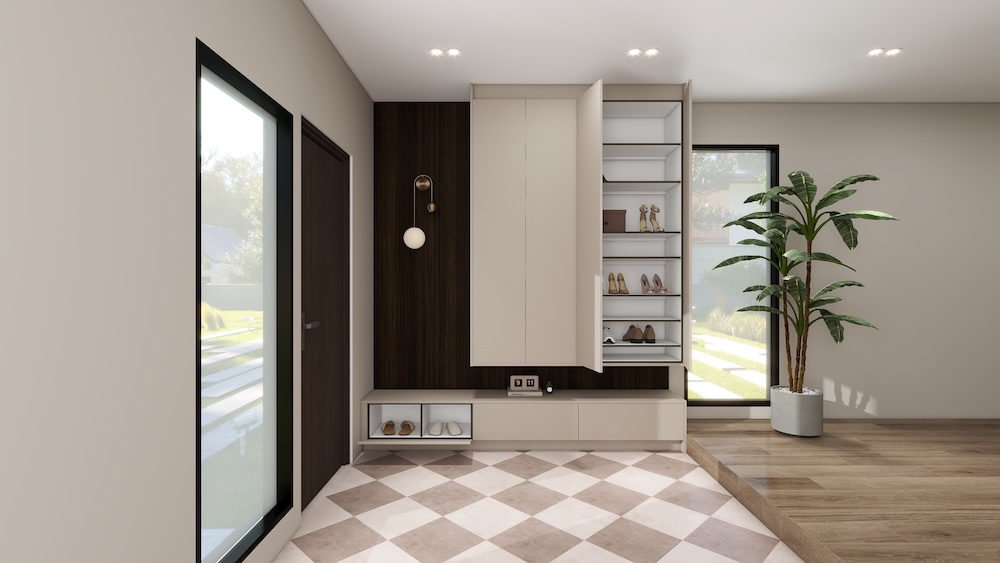 Floating shoe cabinet with doors open