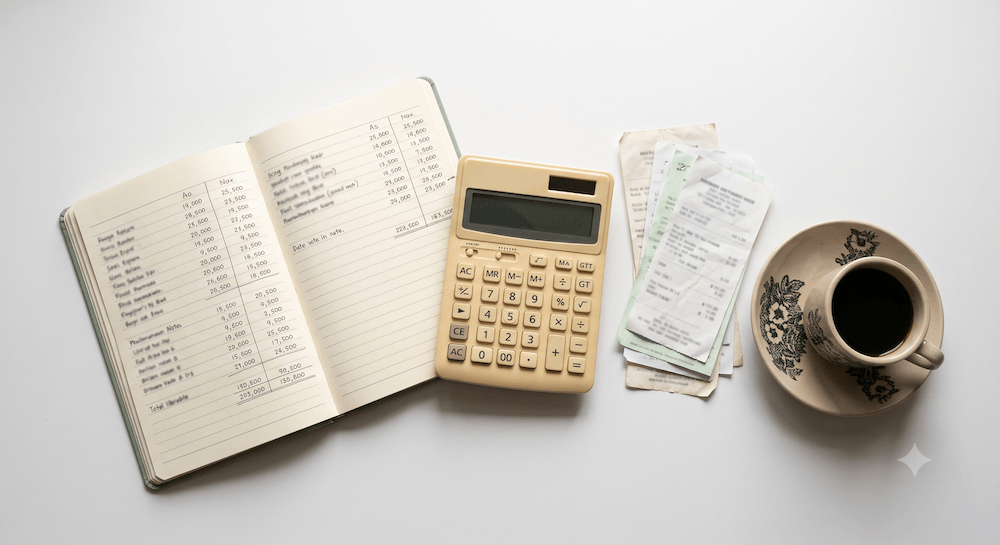 Notebook of figures, calculator, and receipts for a renovation business budget.

