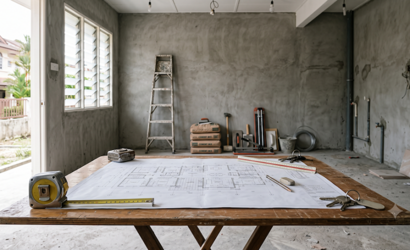 Floor plan and tools on a table in a partly renovated Malaysian home.