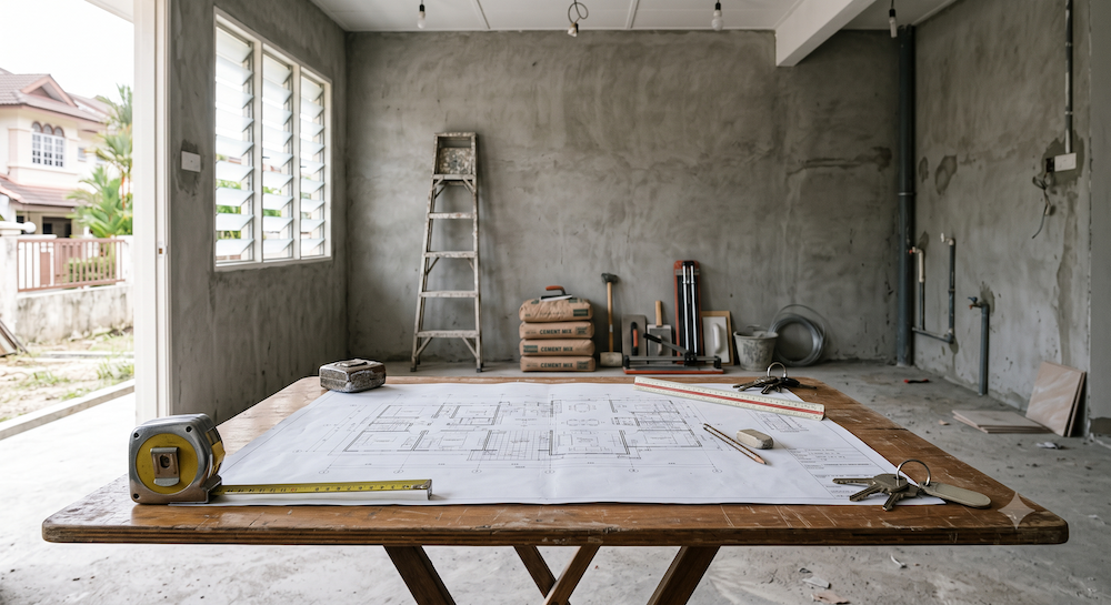 Floor plan and tools on a table in a partly renovated Malaysian home. 