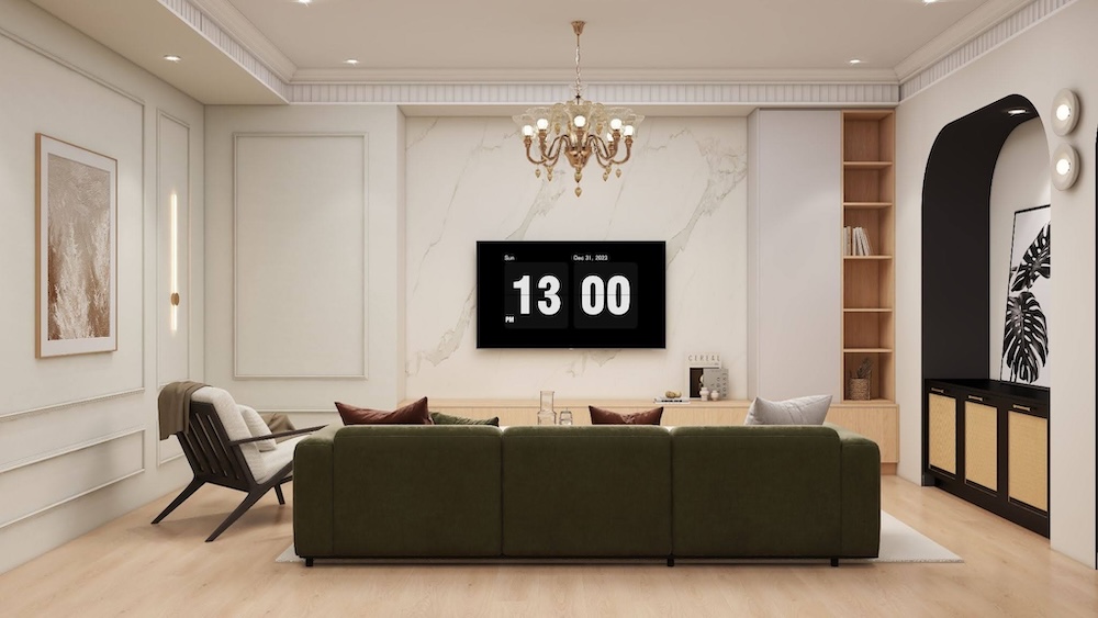 Living room with wainscoting beside a TV feature wall.