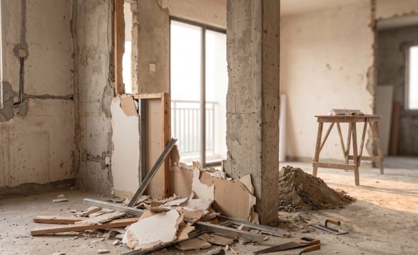 A concrete structural column beside demolished partition wall debris in a condo unit under renovation.