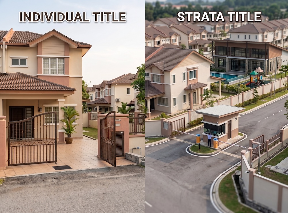 A standalone individual title terrace house beside a gated strata title landed development with a guardhouse. 
