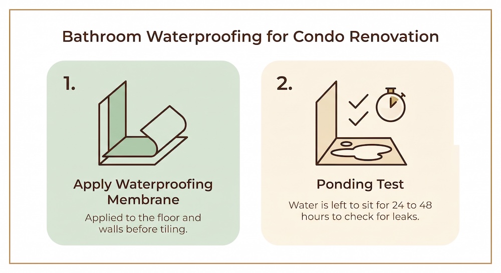 Bathroom waterproofing involves applying the membrane, then running a ponding test.

