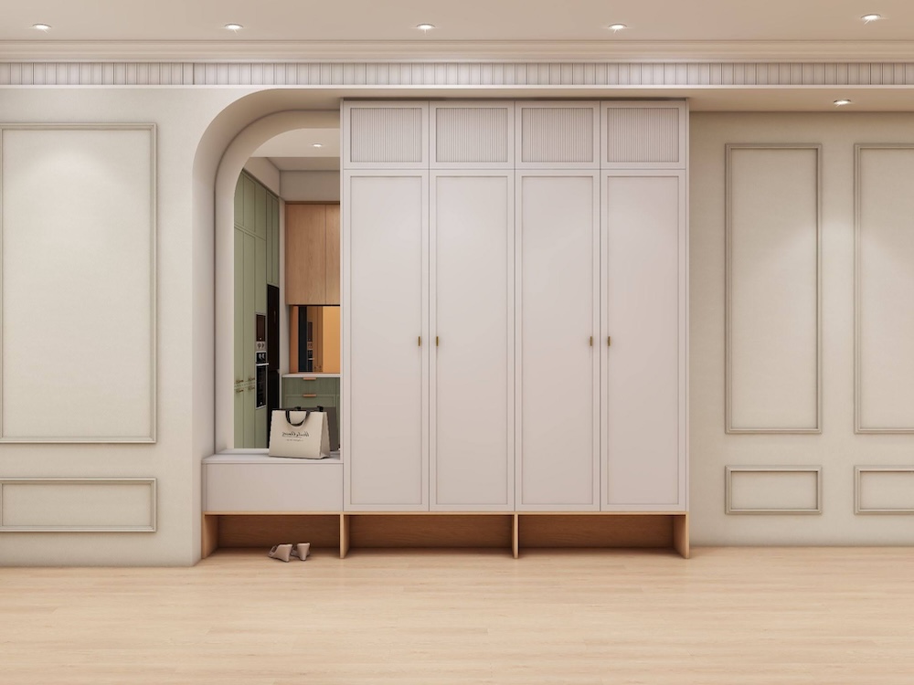 Decorative wainscoting panels integrated into a modern interior wall.