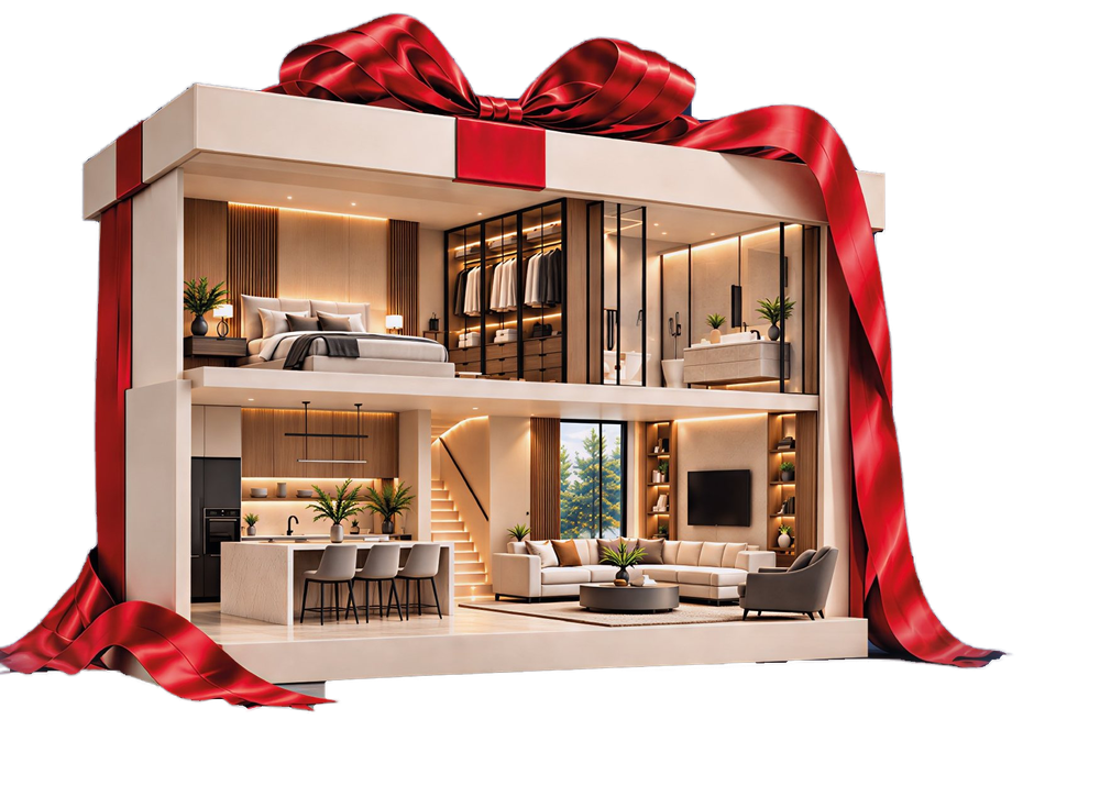 A Signature home wrapped as a gift with a red ribbon, showing a bedroom, walk-in wardrobe, kitchen, staircase foyer and living room inside