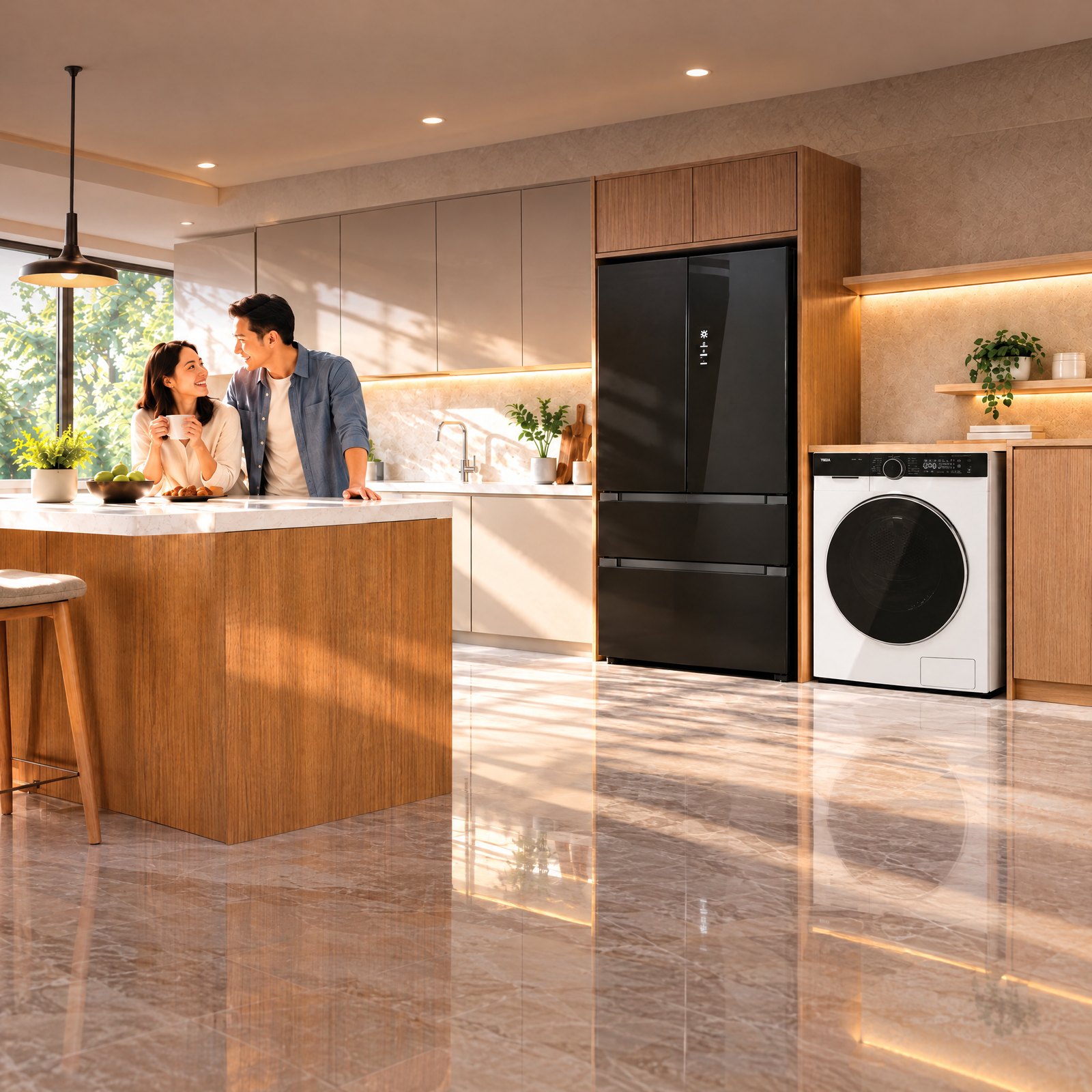 Couple in a warm modern kitchen with a Teka French door fridge and washer