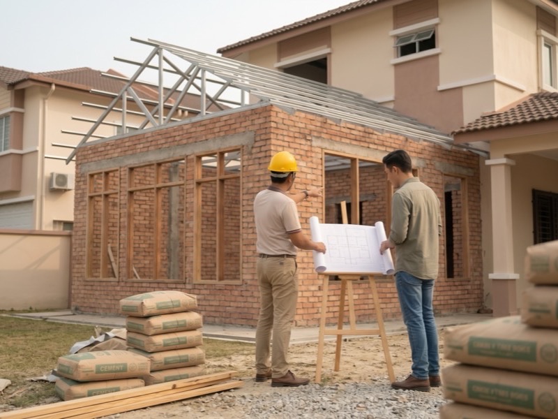 Contractor and homeowner reviewing building plans at a Malaysian home extension site