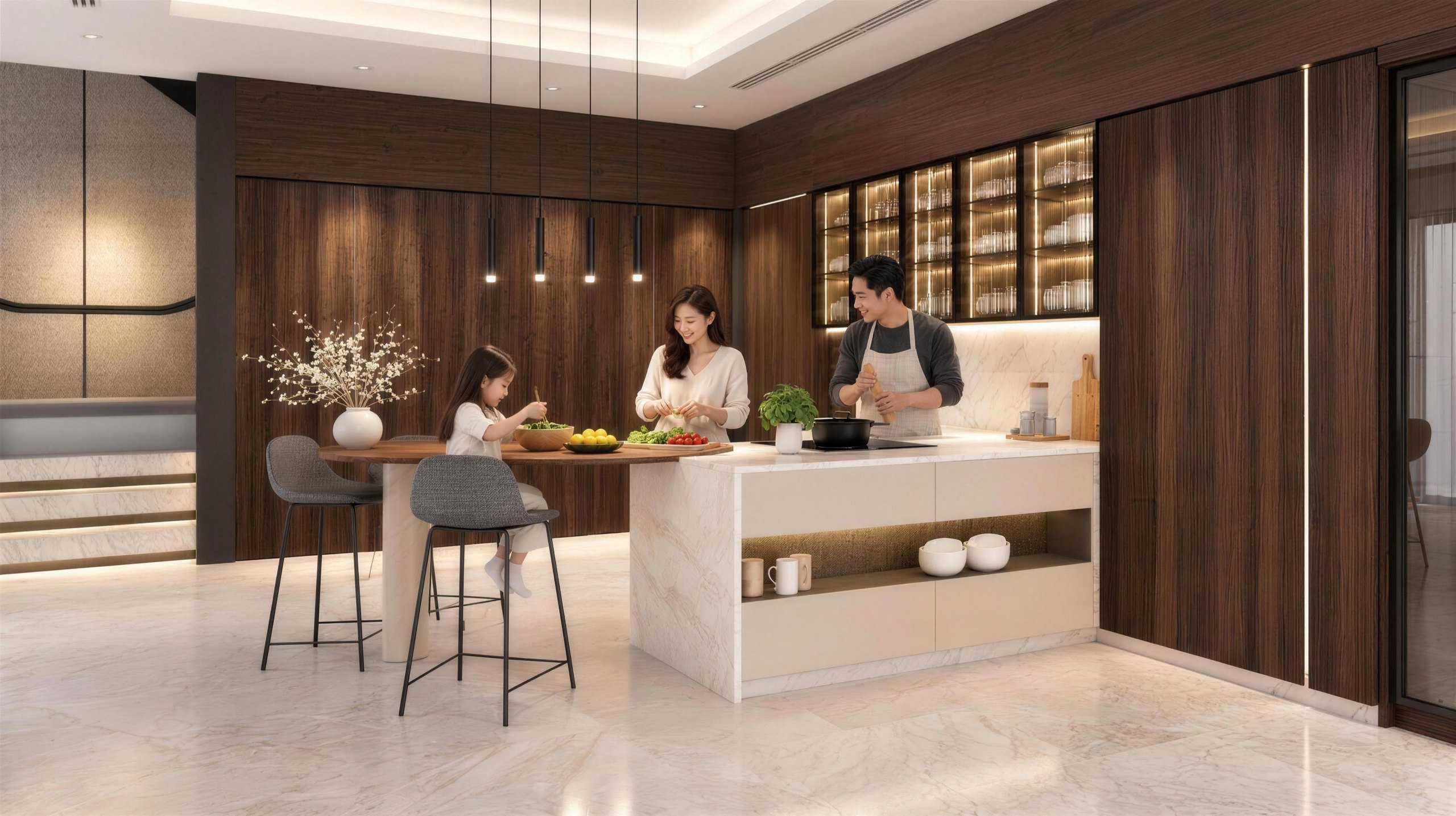 Family cooking together in a Signature kitchen with dark wood panelling and a marble island
