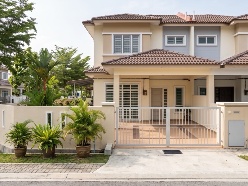 Exterior of a completed Malaysian semi-D home with a gate and driveway