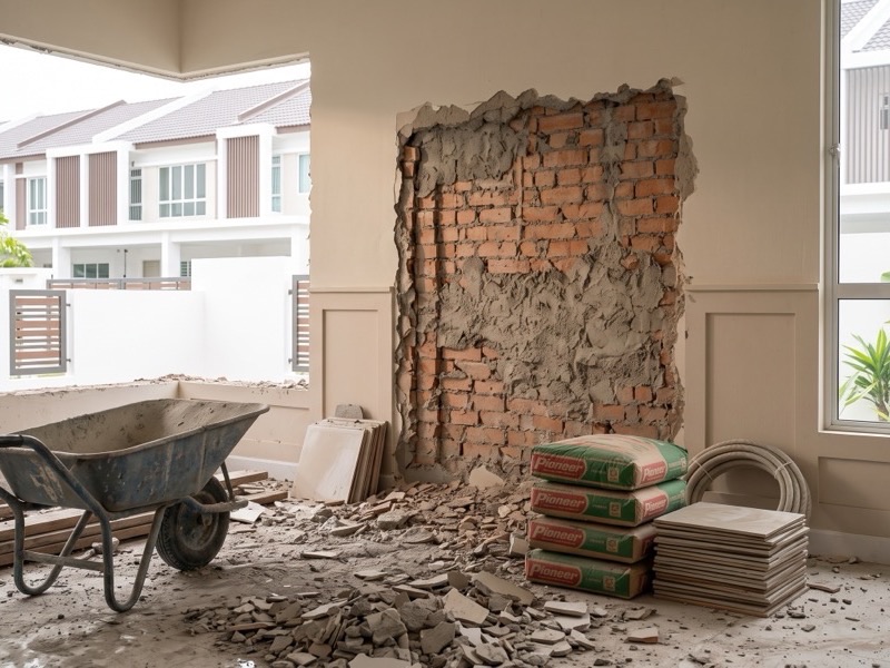 Malaysian home interior mid-renovation with a hacked brick wall and building materials left on the floor